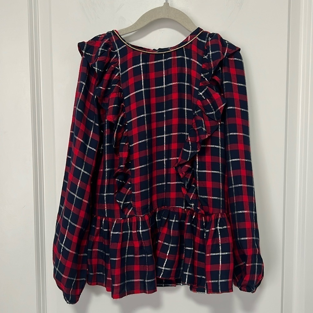OSHKOSH kids/girls plaid long Sleeve blouse with ruffles on the front size 8